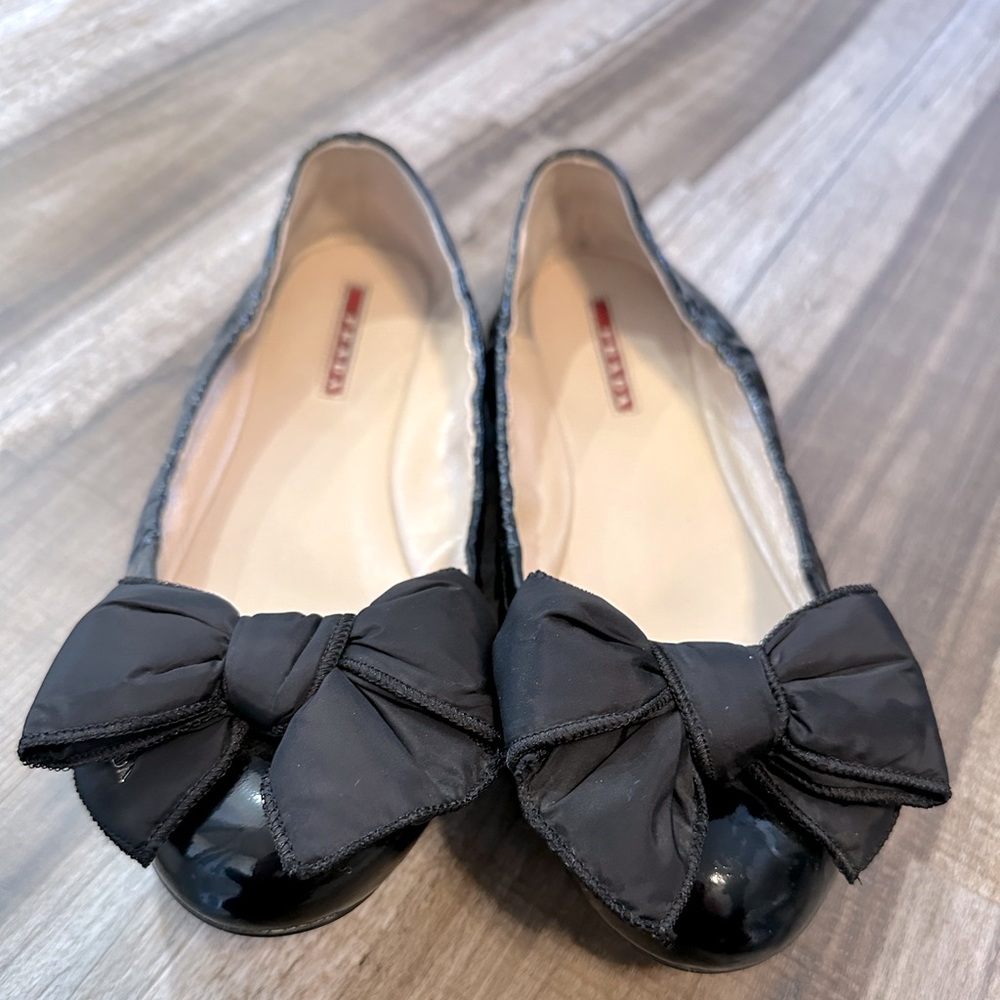 Prada Black Patent Flats with Bow